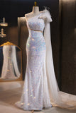Ivory Sequin Mermaid One Shoulder Prom Dresses with Watteau Train 90056