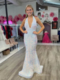 Ivory Sequin Mermaid Prom Dresses Removable Organza Overskirt Halter Neck FD4032B-prom dresses-Viniodress-Viniodress