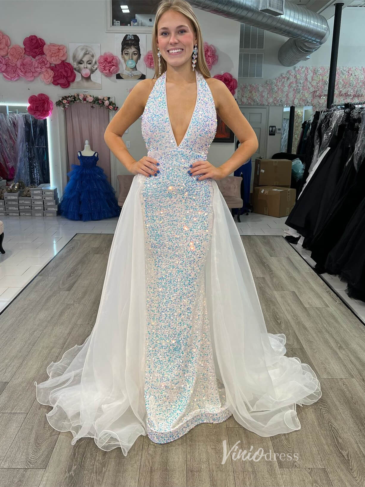 Ivory Sequin Mermaid Prom Dresses Removable Organza Overskirt Halter Neck FD4032B - Viniodressprom dressesIvoryCustom Size - Formal Dresses - Ball Gowns