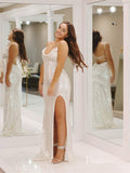 Ivory Sequin Mermaid Prom Dresses with Slit Spaghetti Strap Evening Dress FD3680