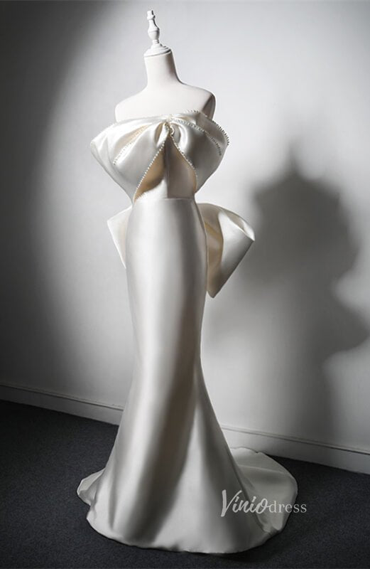 Ivory Smooth Satin Mermaid Prom Dresses with Removable Bow Tie Off the Shoulder AD1209-prom dresses 2025 -Viniodress-Ivory-Custom Size-