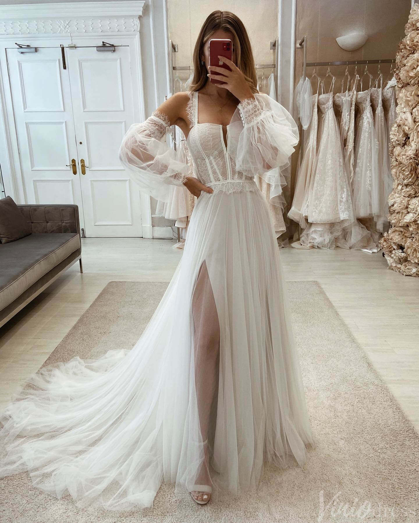 Ivory Spaghetti Strap Sheer Wedding Dresses with Slit Removable Puffed Sleeve Bridal Gown VW2173-wedding dresses-Viniodress