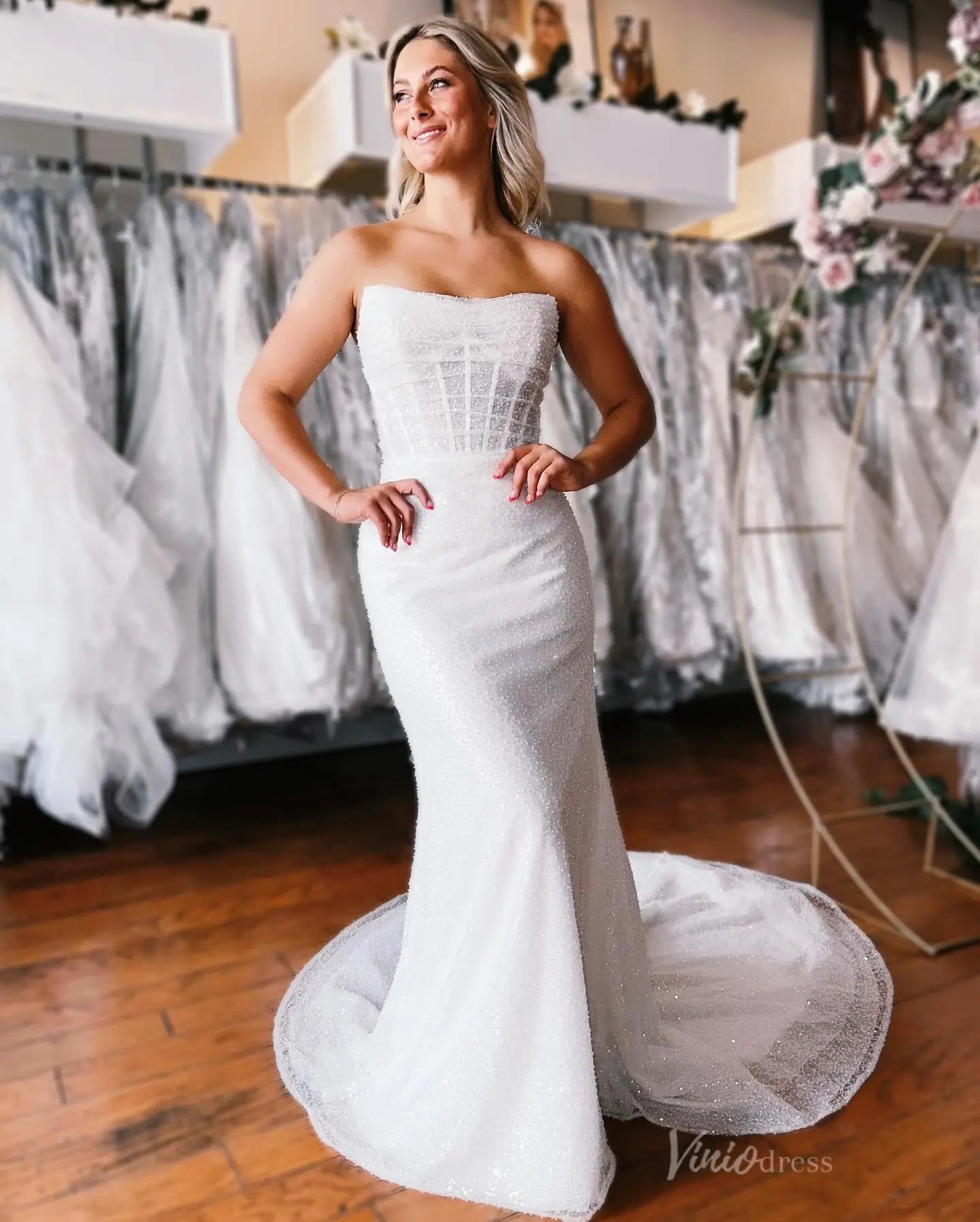 Ivory Sparkle Mermaid Wedding Dress with Off-Shoulder Neckline & Removable Sleeves – ML151-wedding dresses 2025 -Viniodress-Ivory-Custom Size-