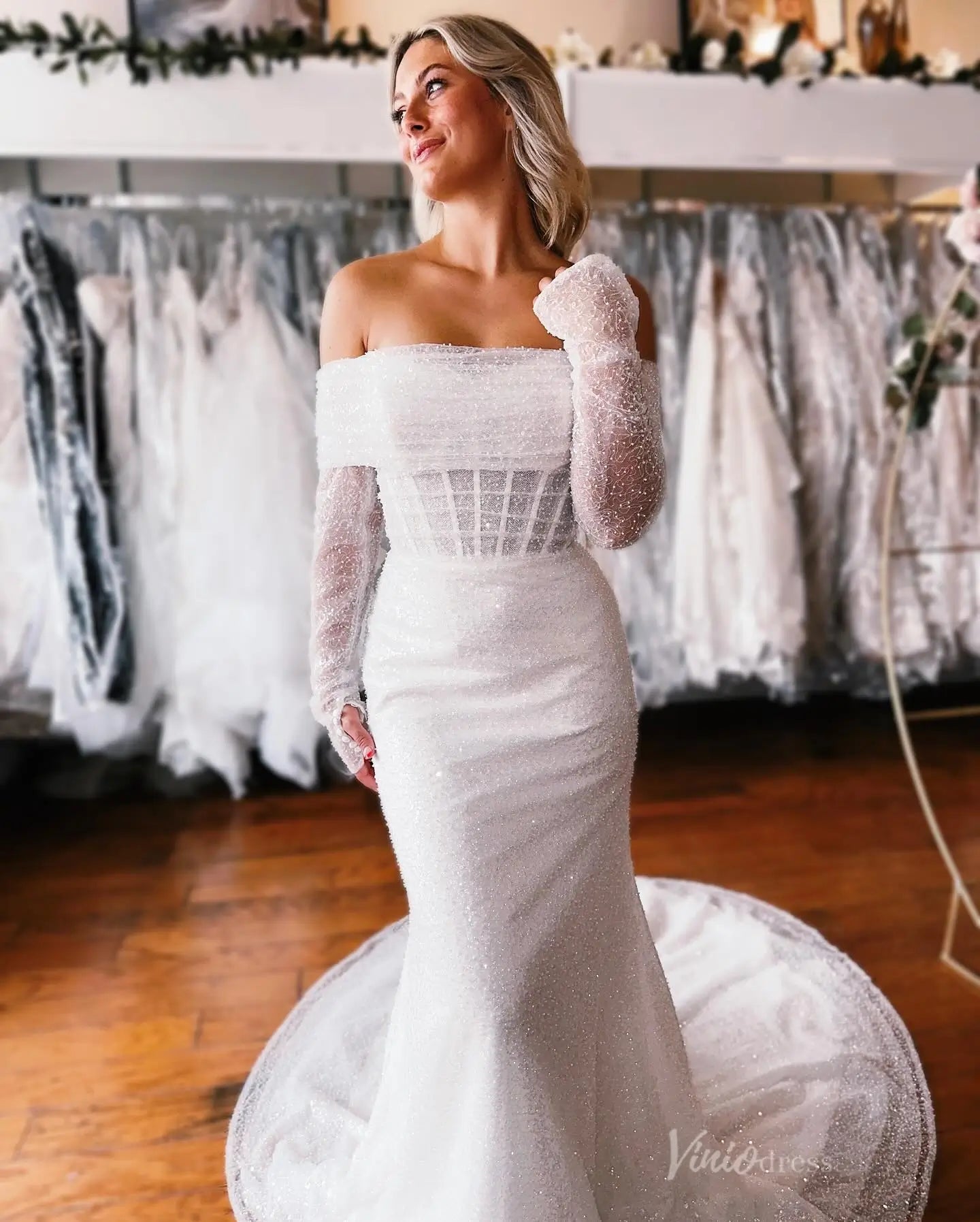 Ivory Sparkle Mermaid Wedding Dress with Off-Shoulder Neckline & Removable Sleeves – ML151-wedding dresses 2025 -Viniodress-Ivory-Custom Size-