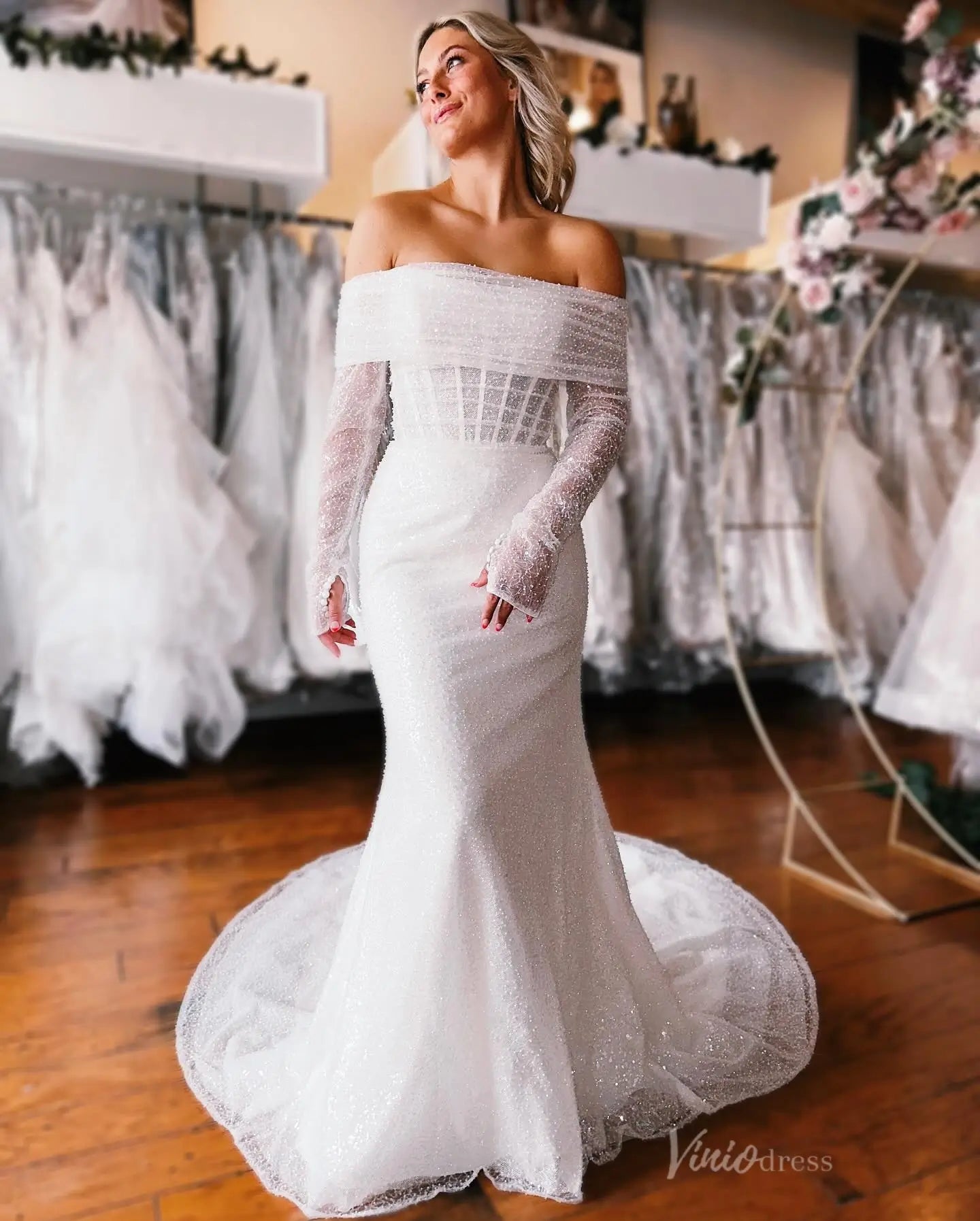 Ivory Sparkle Mermaid Wedding Dress with Off-Shoulder Neckline & Removable Sleeves – ML151-wedding dresses 2025 -Viniodress-Ivory-Custom Size-