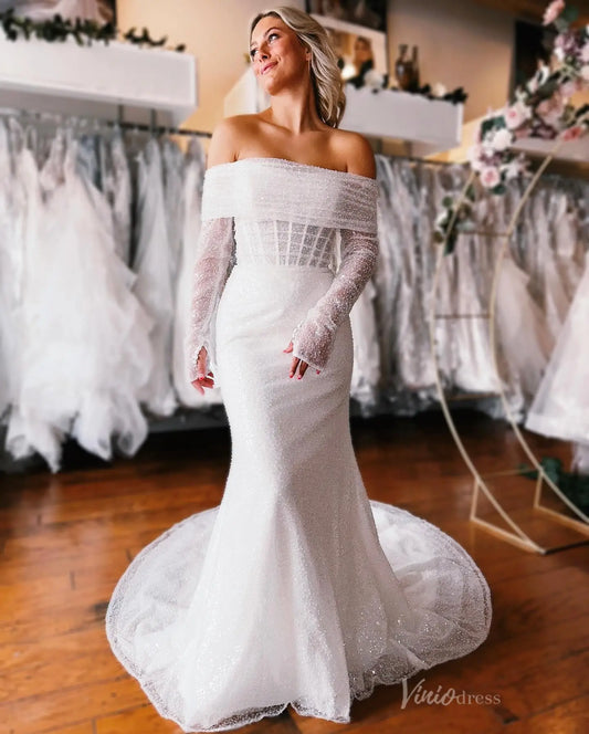 Ivory Sparkle Mermaid Wedding Dress with Off-Shoulder Neckline & Removable Sleeves – ML151-wedding dresses 2025 -Viniodress-Ivory-Custom Size-
