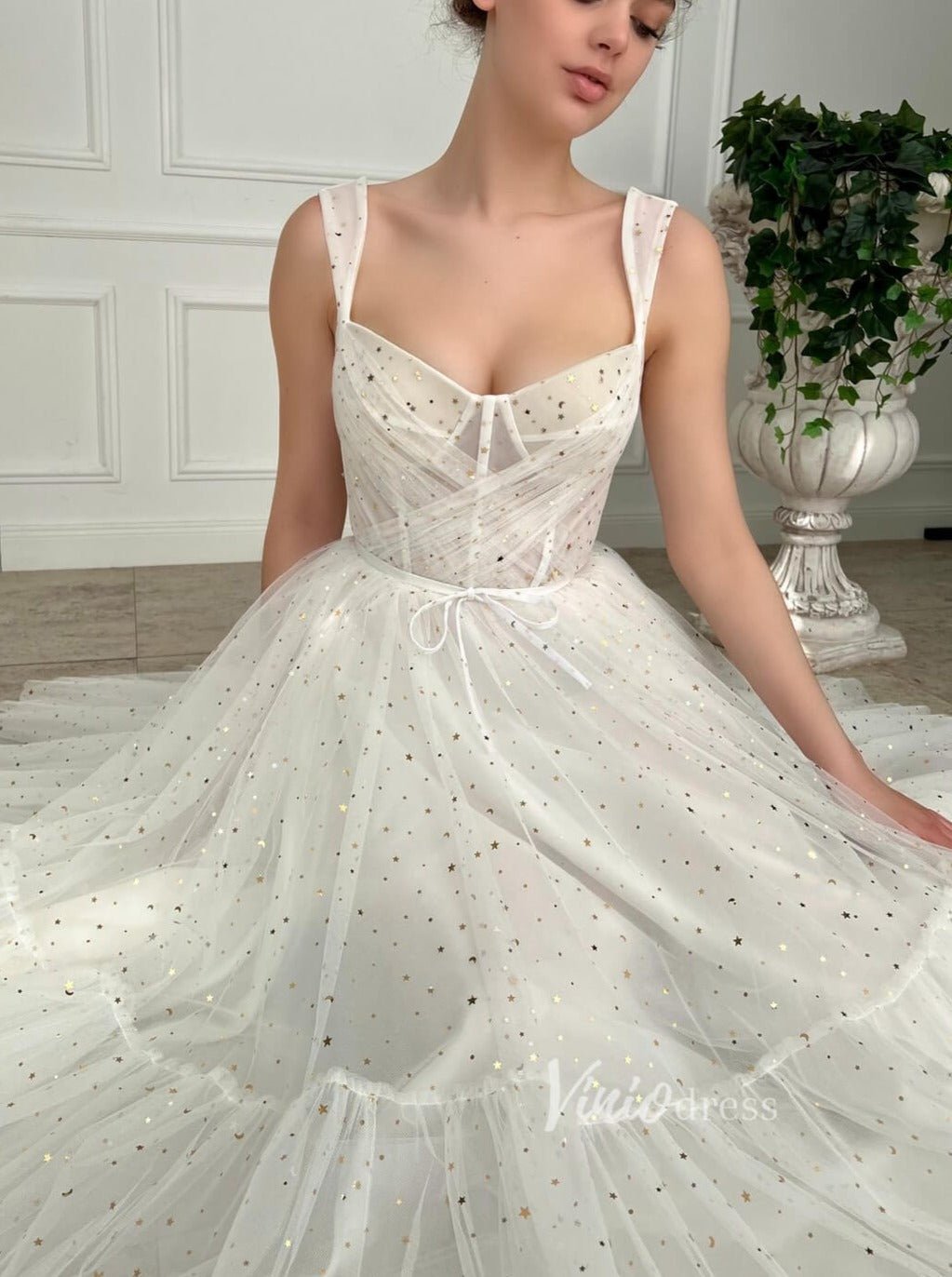 Ivory Starry Tulle Hoco Dresses Midi Length Prom Dress FD2990-prom dresses 2025 -Viniodress-Ivory-Custom Size-