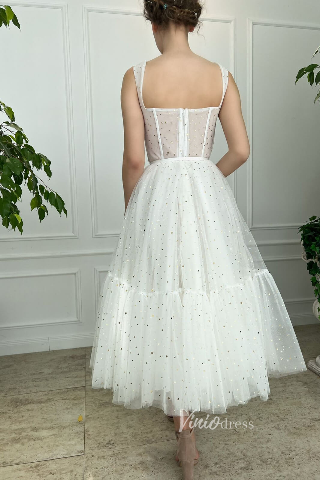 Ivory Starry Tulle Hoco Dresses Midi Length Prom Dress FD2990-prom dresses 2025 -Viniodress-Ivory-Custom Size-
