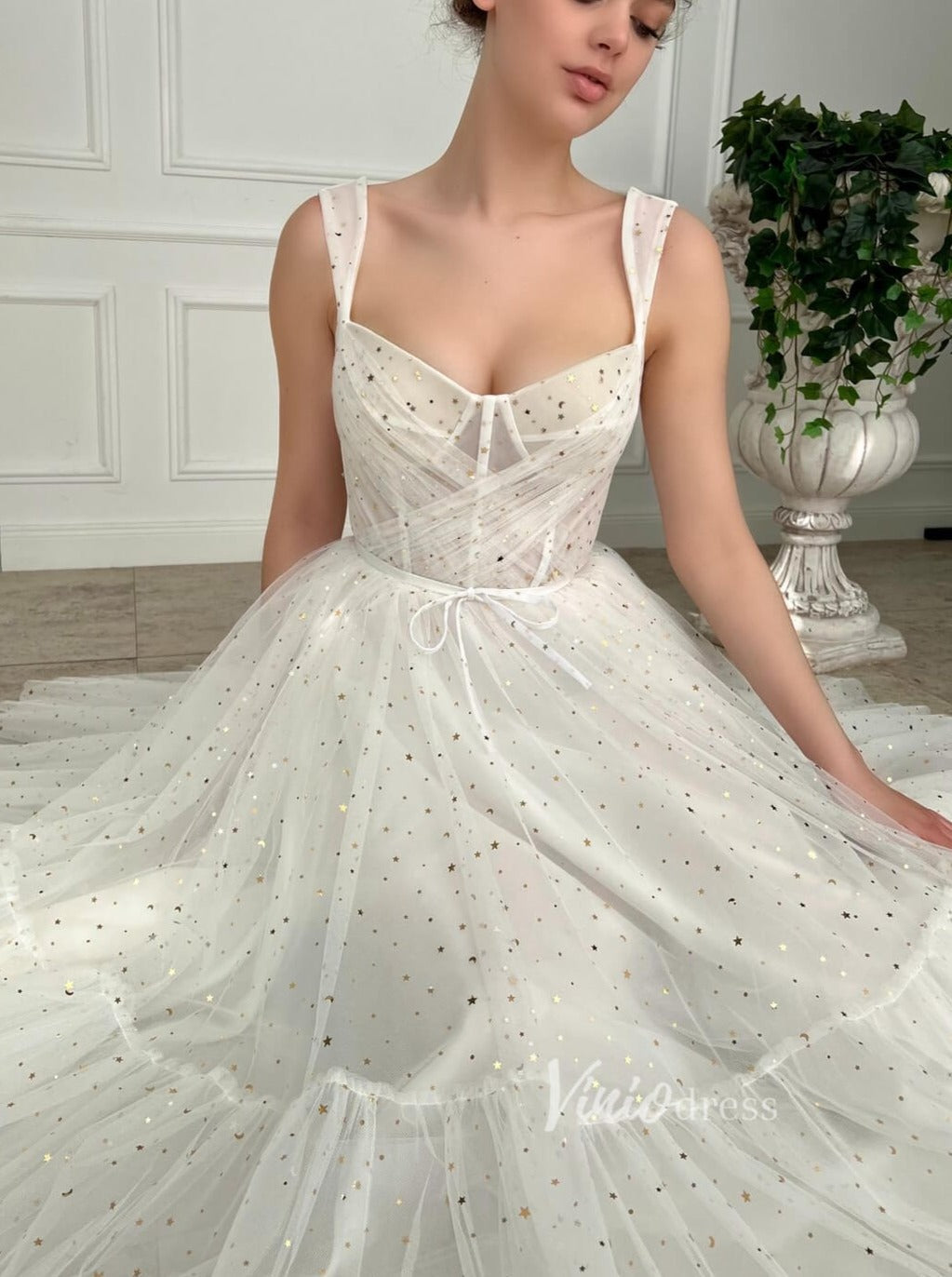 Prom Dress 2025 Ivory Starry Tulle Hoco Dresses Midi Length Prom Dress FD2990-unique prom dresses-Ivory-Custom Size-Viniodress