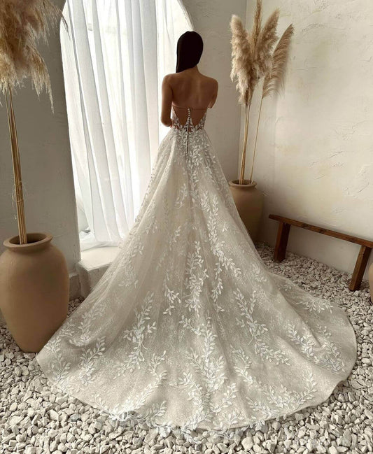 Ivory Strapless Lace Applique Wedding Dresses Sweetheart Outdoor Bridal Gown AW1033-wedding dresses 2025 -Viniodress-Ivory-Custom Size-