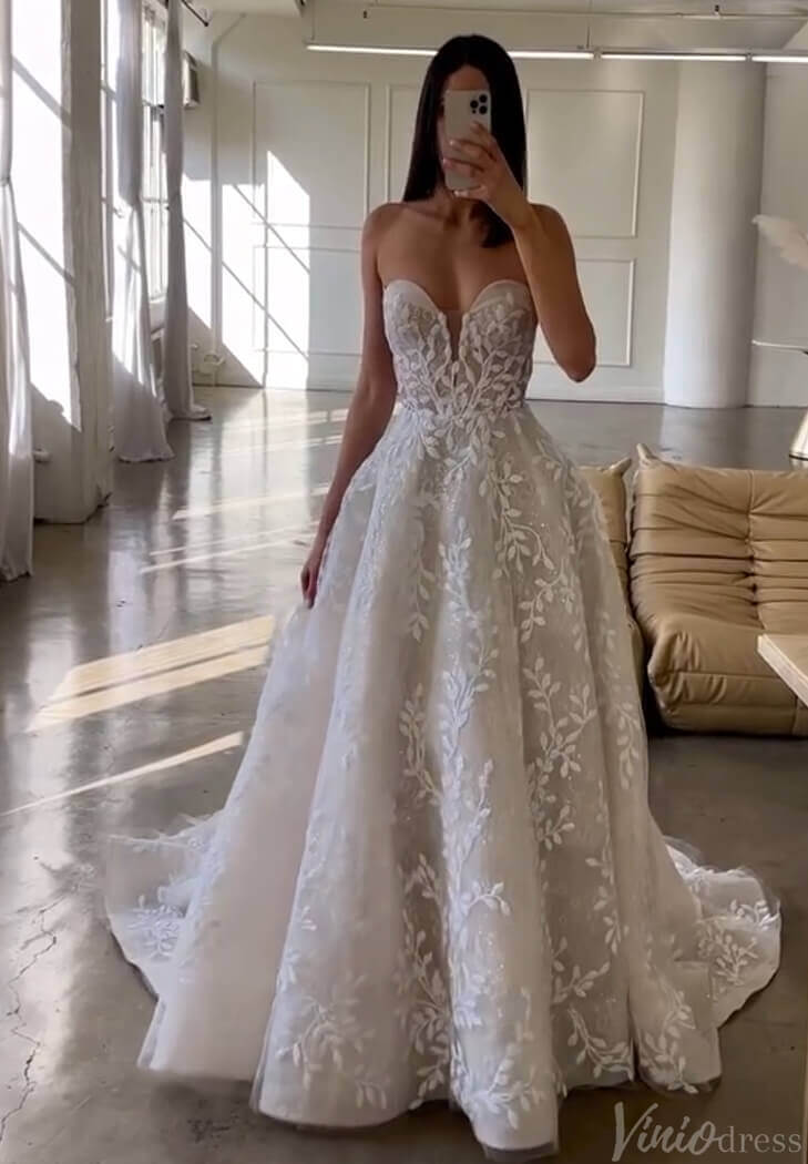 Ivory Strapless Lace Applique Wedding Dresses Sweetheart Outdoor Bridal Gown AW1033-wedding dresses-Viniodress