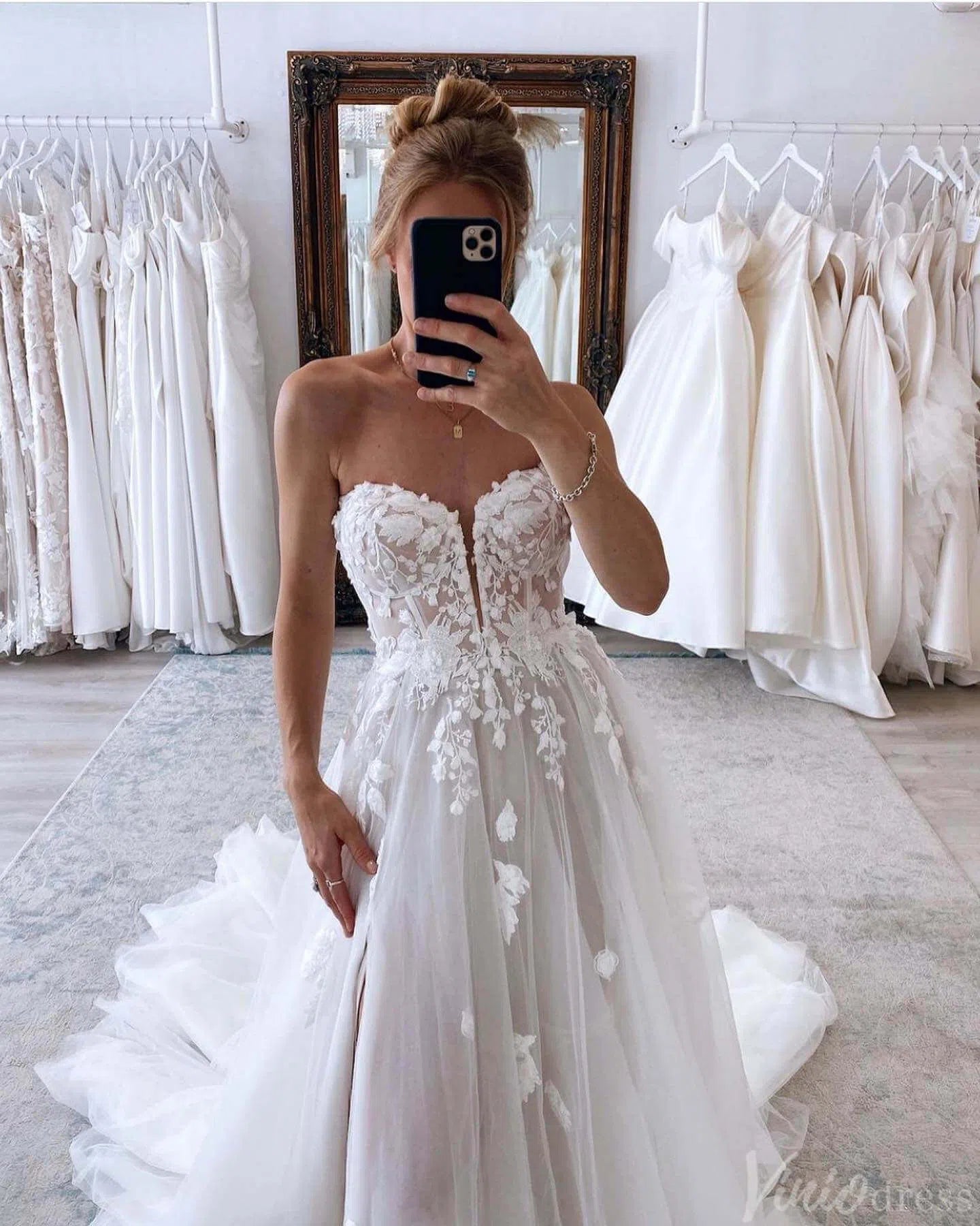 Ivory Strapless Lace Applique Wedding Dresses with Slit Removable Sleeve Bridal Gown AW1007-wedding dresses 2025 -Viniodress-Ivory-Custom Size-