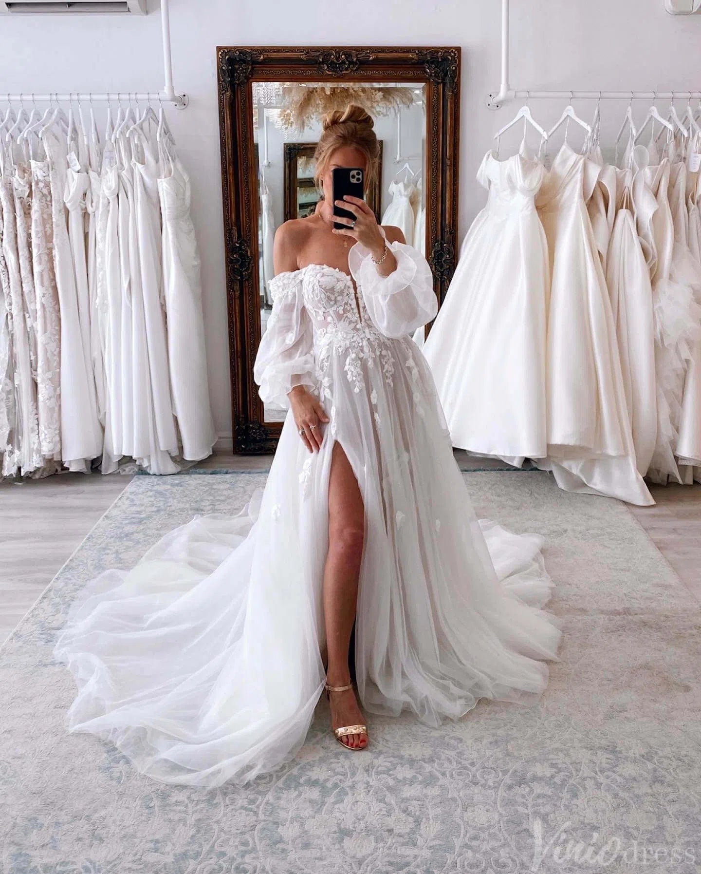 Ivory Strapless Lace Applique Wedding Dresses with Slit Removable Sleeve Bridal Gown AW1007-wedding dresses 2025 -Viniodress-Ivory-Custom Size-