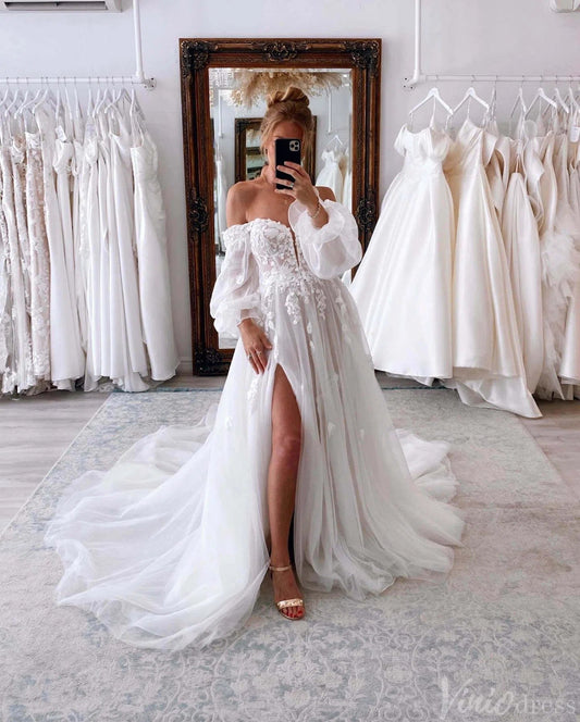 Ivory Strapless Lace Applique Wedding Dresses with Slit Removable Sleeve Bridal Gown AW1007-wedding dresses 2025 -Viniodress-Ivory-Custom Size-