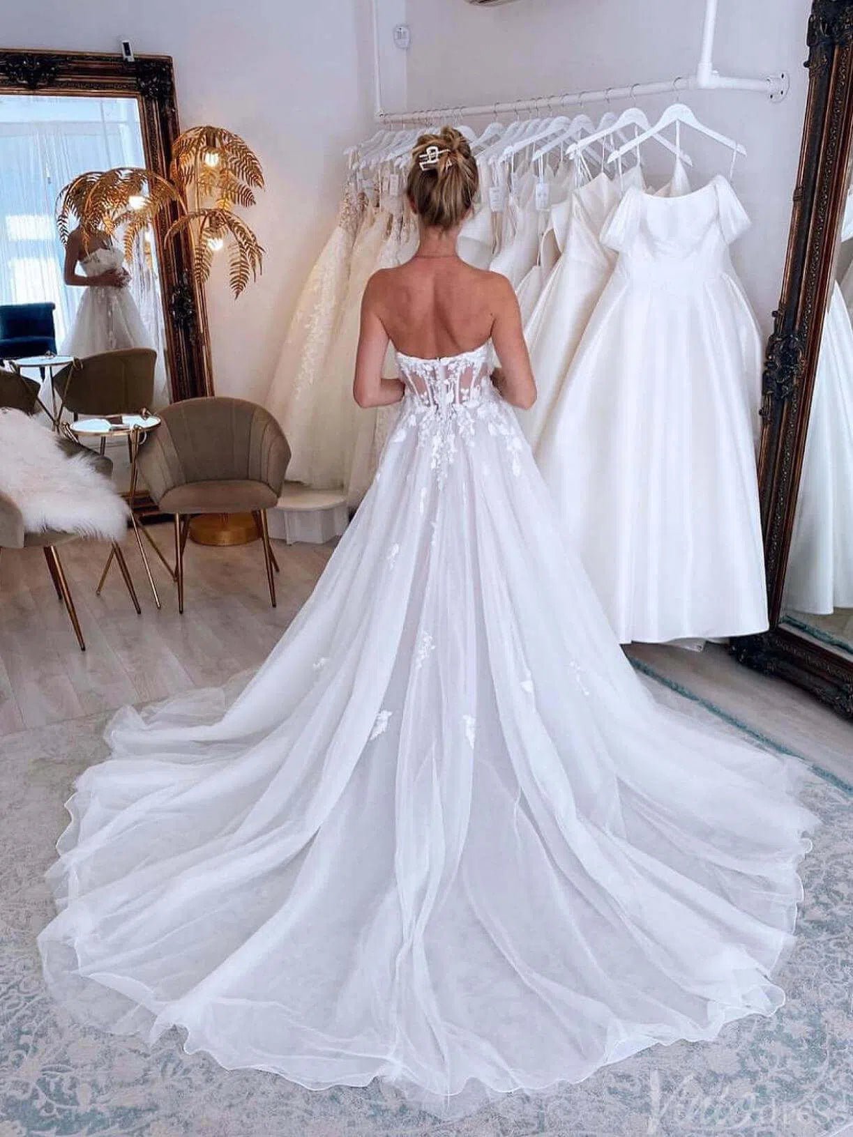 Ivory Strapless Lace Applique Wedding Dresses with Slit Removable Sleeve Bridal Gown AW1007-wedding dresses 2025 -Viniodress-Ivory-Custom Size-