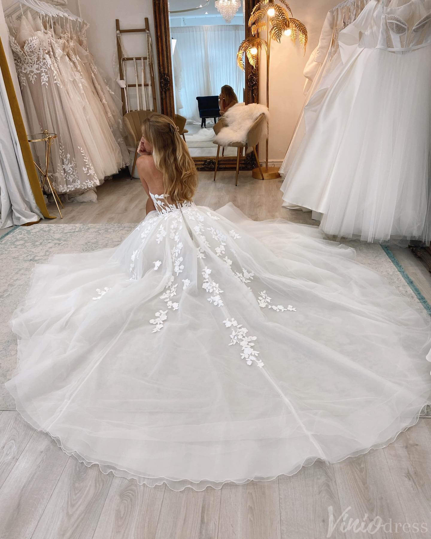 Ivory Strapless Lace Applique Wedding Dresses with Slit Sweetheart Bridal Gown AW1014-wedding dresses 2025 -Viniodress-Ivory-Custom Size-