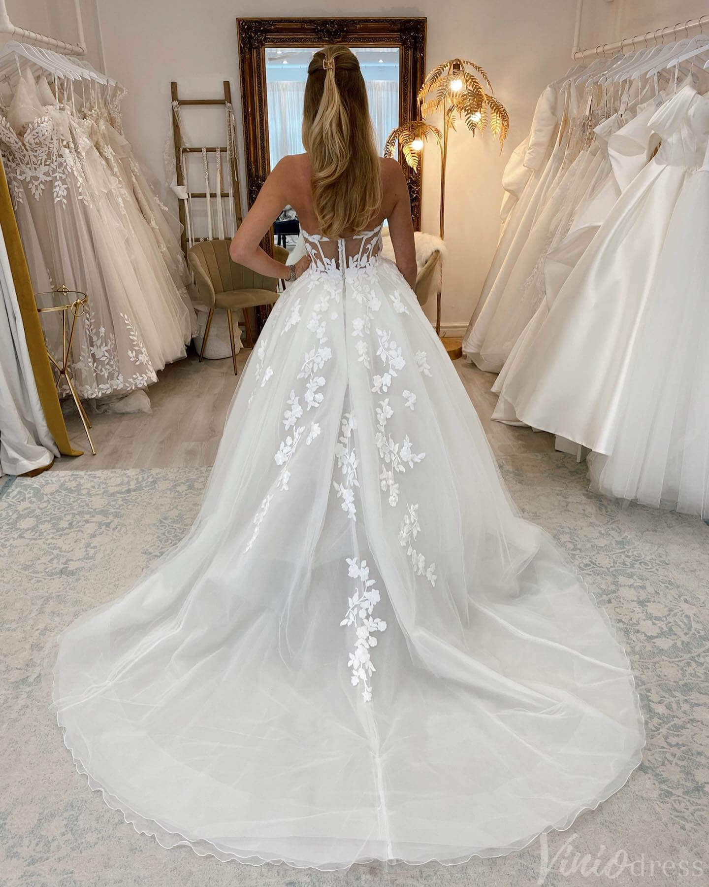 Ivory Strapless Lace Applique Wedding Dresses with Slit Sweetheart Bridal Gown AW1014-wedding dresses 2025 -Viniodress-Ivory-Custom Size-