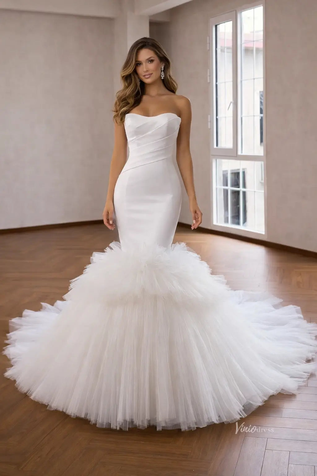 Ivory Strapless Mermaid Wedding Dress with Draped Bodice, Lace-Up Back & Pleated Tulle Skirt – 261009-wedding dresses 2026-Viniodress-Ivory-Custom Size – Add Measurements in Cart-