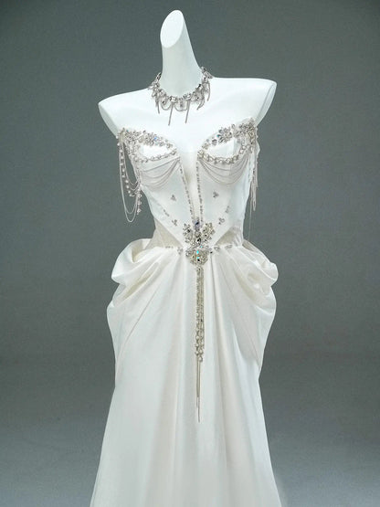 Ivory Strapless Satin Prom Dresses with Sweetheart Neckline, Rhinestones & Pearl String - CQ0116-Couture Gown 2025 -Viniodress-Ivory-Custom Size-