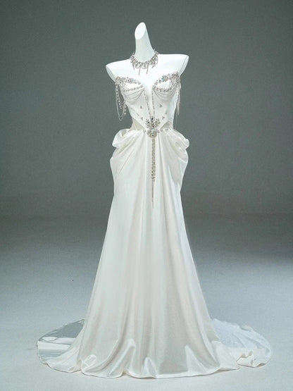 Ivory Strapless Satin Prom Dresses with Sweetheart Neckline, Rhinestones & Pearl String - CQ0116-Couture Gown 2025 -Viniodress-Ivory-Custom Size-