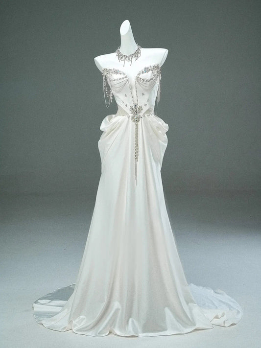 Ivory Strapless Satin Prom Dresses with Sweetheart Neckline, Rhinestones & Pearl String - CQ0116-Couture Gown 2025 -Viniodress-Ivory-Custom Size-