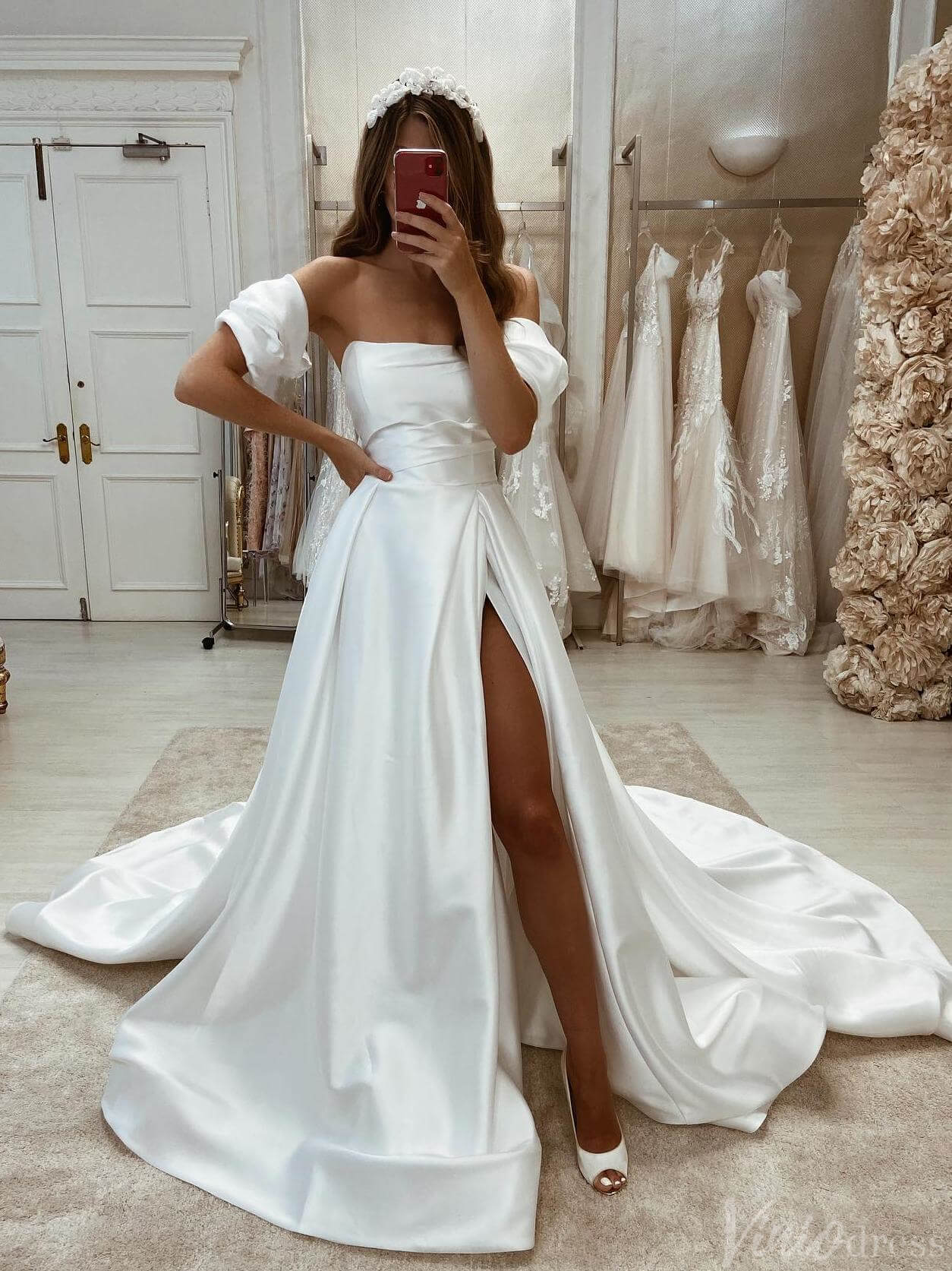 Ivory Strapless Satin Wedding Dresses with Slit A-Line Outdoor Bridal Gown VW2176-wedding dresses-Viniodress