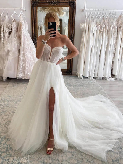 Ivory Strapless Sweetheart Wedding Dresses with Slit Removable Sleeve Bridal Gown AW1002-wedding dresses 2025 -Viniodress-Ivory-Custom Size-