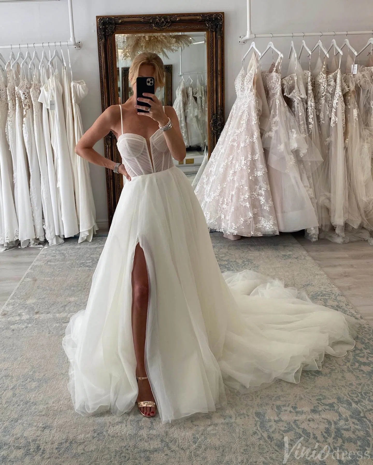 Ivory Strapless Sweetheart Wedding Dresses with Slit Removable Sleeve Bridal Gown AW1002-wedding dresses-Viniodress