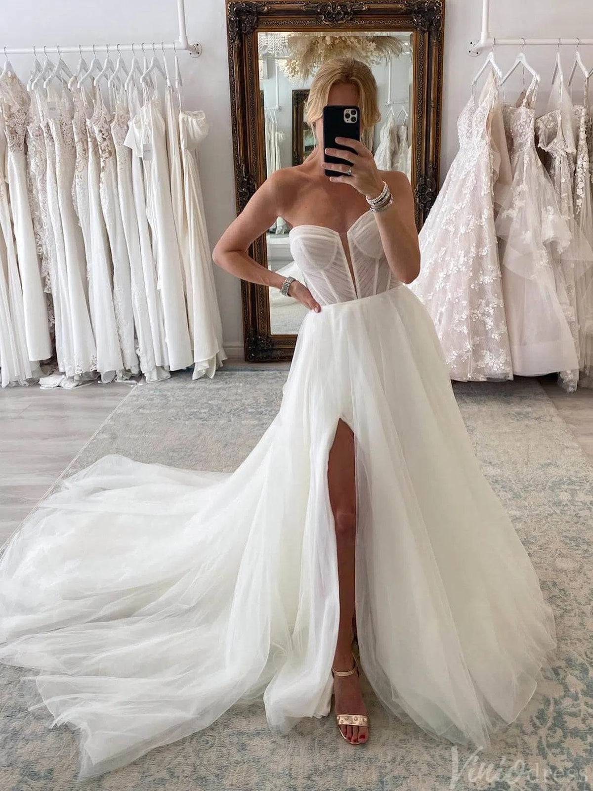 Ivory Strapless Sweetheart Wedding Dresses with Slit Removable Sleeve Bridal Gown AW1002-wedding dresses-Viniodress