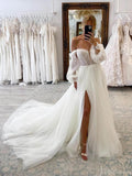 Ivory Strapless Sweetheart Wedding Dresses with Slit Removable Sleeve Bridal Gown AW1002-wedding dresses-Viniodress