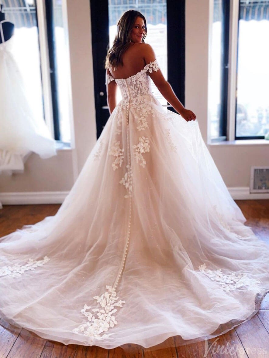 Ivory Sweetheart Lace Applique Wedding Dresses Off the Shoulder Bridal Gown VW2178-wedding dresses 2025 -Viniodress-Ivory-Custom Size-