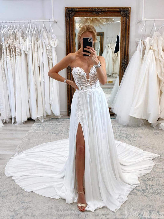Ivory Sweetheart Lace Applique Wedding Dresses with Slit Strapless Chiffon Bridal Gown AW1017-wedding dresses 2025 -Viniodress-Ivory-Custom Size-