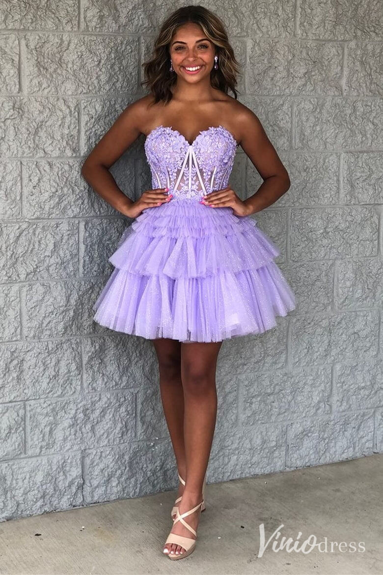 Ivory Sweetheart Tiered Homecoming Dresses Lace Applique Back to School Dress SD1676-Homecoming Dresses 2025 -Viniodress-Lavender-Custom Size-