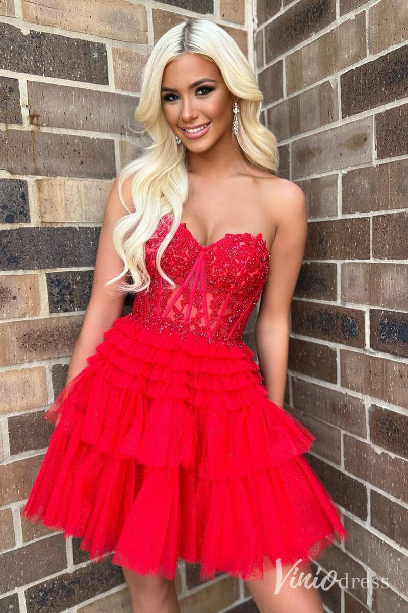 Ivory Sweetheart Tiered Homecoming Dresses Lace Applique Back to School Dress SD1676-Homecoming Dresses 2025 -Viniodress-Red-Custom Size-