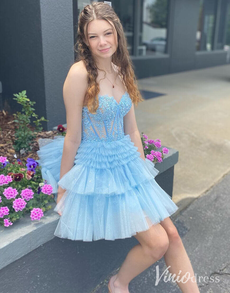 Ivory Sweetheart Tiered Homecoming Dresses Lace Applique Back to School Dress SD1676-Homecoming Dresses 2025 -Viniodress-Light Blue-Custom Size-