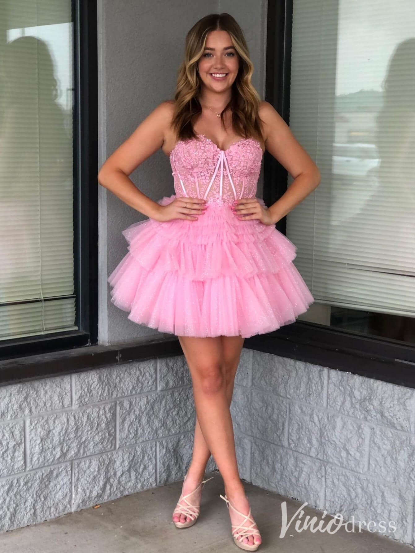 Ivory Sweetheart Tiered Homecoming Dresses Lace Applique Back to School Dress SD1676-Homecoming Dresses 2025 -Viniodress-Pink-Custom Size-
