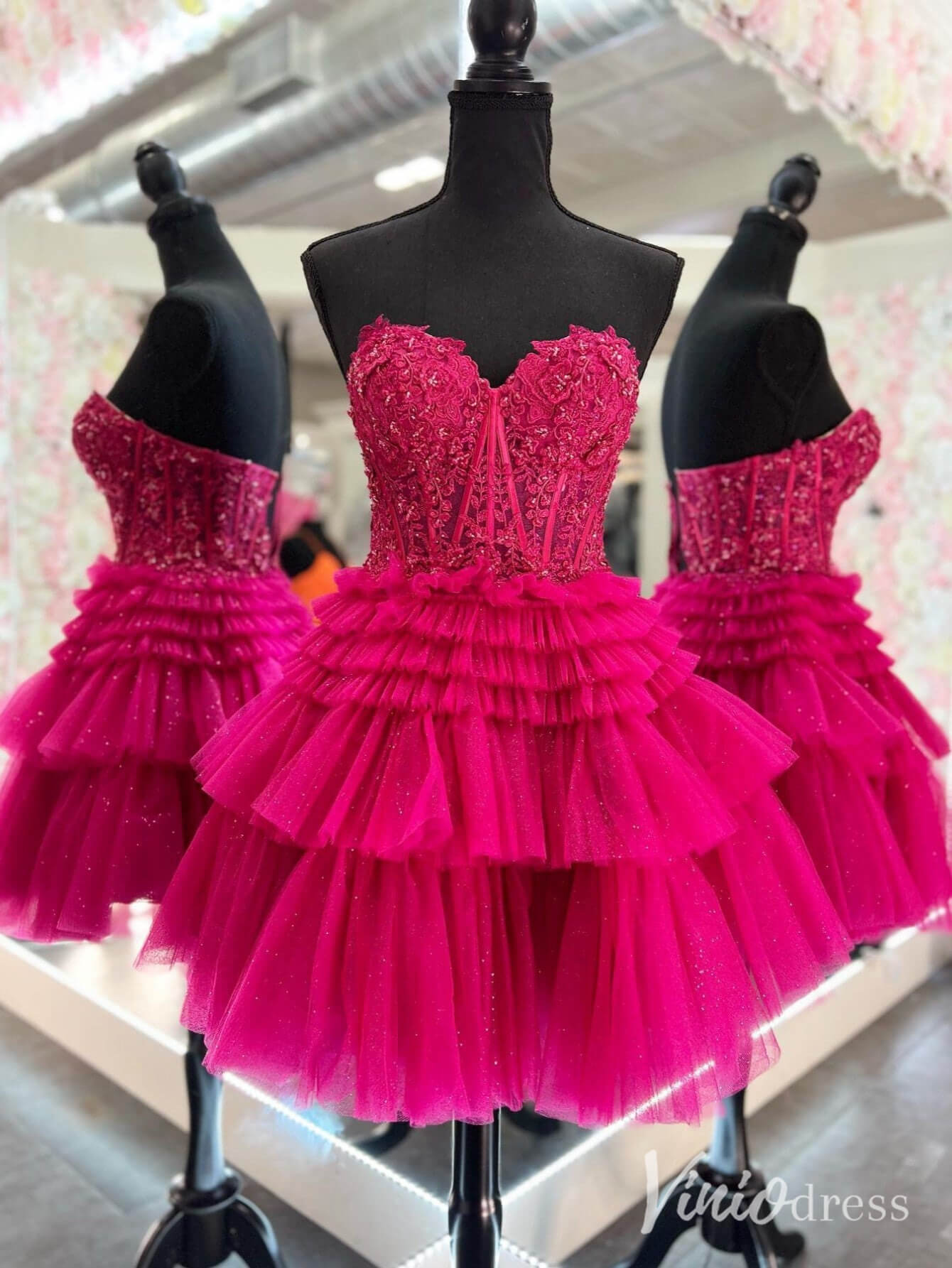 Ivory Sweetheart Tiered Homecoming Dresses Lace Applique Back to School Dress SD1676-Homecoming Dresses 2025 -Viniodress-Fuchsia-Custom Size-