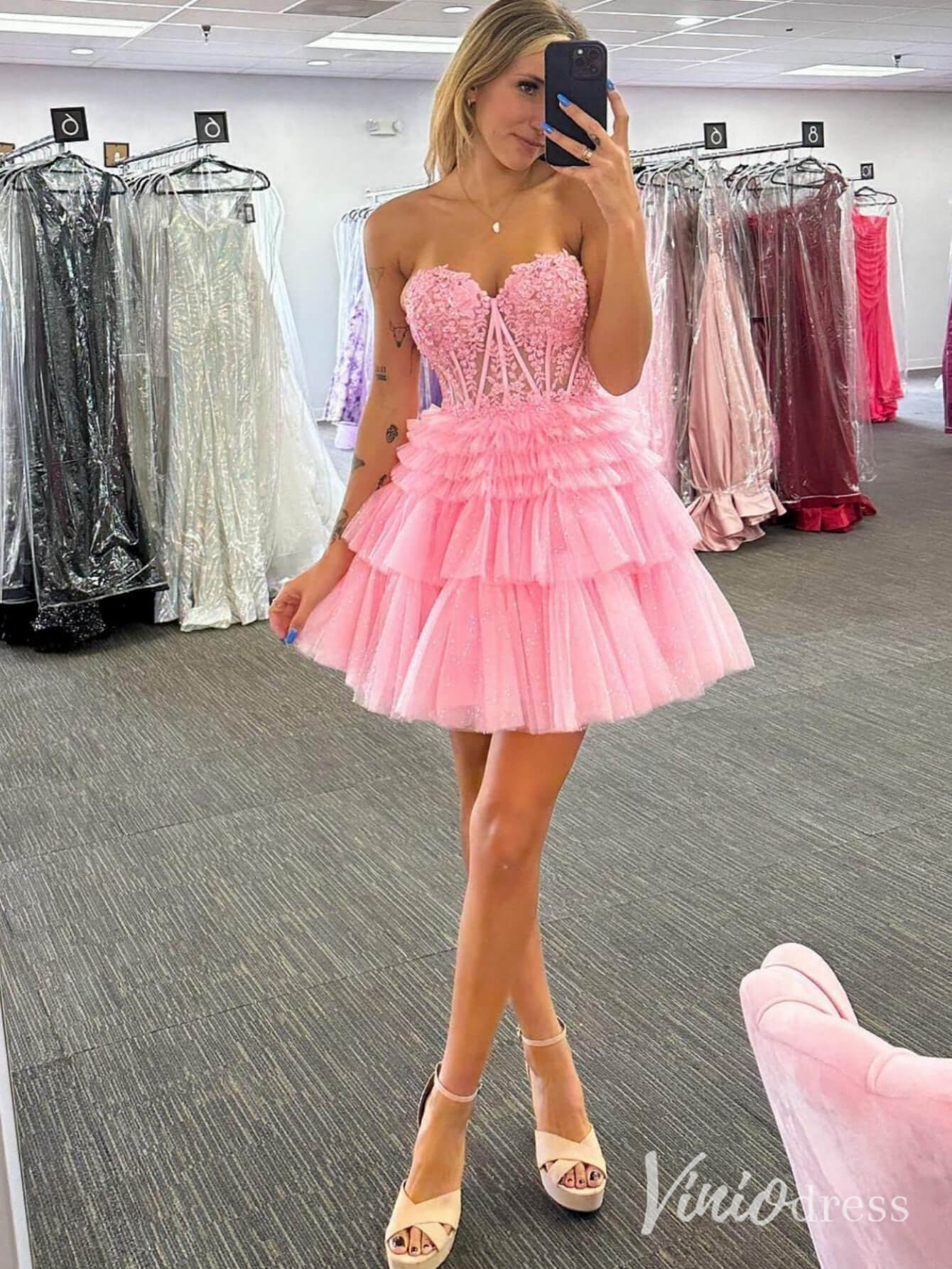 Ivory Sweetheart Tiered Homecoming Dresses Lace Applique Back to School Dress SD1676-Homecoming Dresses-Viniodress-Viniodress