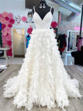 Ivory Tiered Beaded Lace Prom Dresses Spaghetti Strap V-Neck FD3978