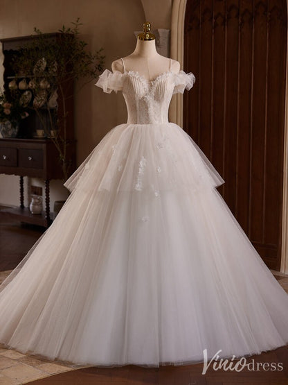 Ivory Tiered Spaghetti Strap Prom Dresses Beaded String Lace Wedding Gown BJ046-prom dresses 2025 -Viniodress-Ivory-Custom Size-