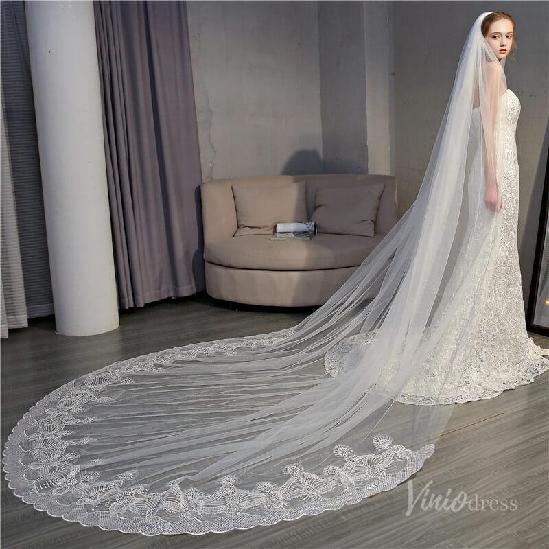 Ivory Tulle Lacy Cathedral Veil Viniodress TS18004-Bridal Veil 2025 -Viniodress-Ivory-