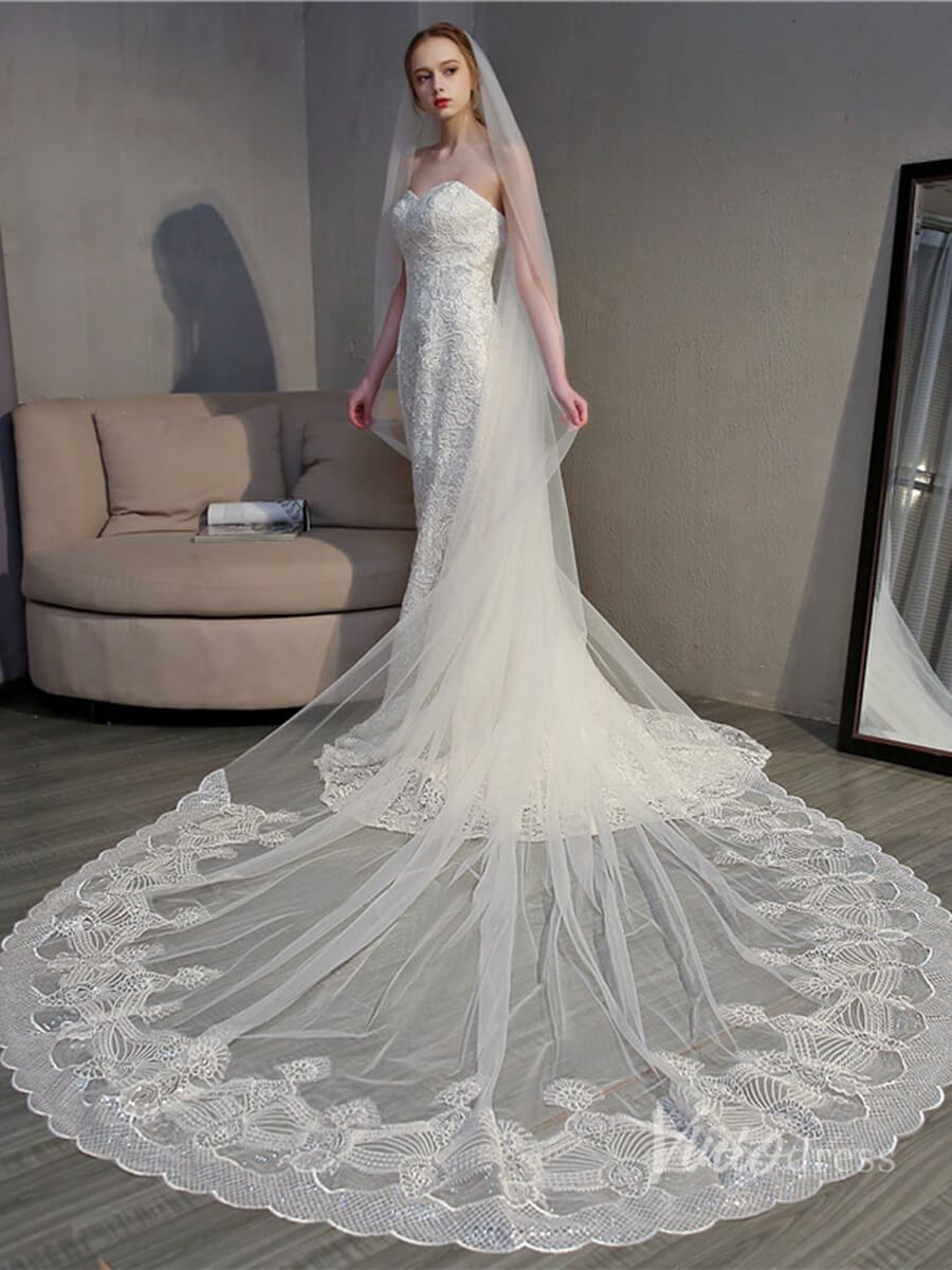 Ivory Tulle Lacy Cathedral Veil Viniodress TS18004-Bridal Veil 2025 -Viniodress-Ivory-