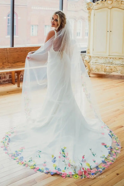 Ivory Tulle Wedding Veil with Colorful Floral Embroidered Edge, Chapel Length – VV002-Accessories 2026-Viniodress-Ivory-