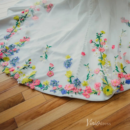 Ivory Tulle Wedding Veil with Colorful Floral Embroidered Edge, Chapel Length – VV002-Accessories 2026-Viniodress-Ivory-