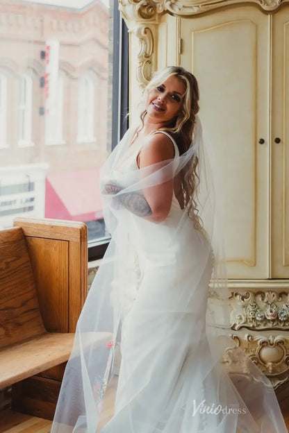 Ivory Tulle Wedding Veil with Colorful Floral Embroidered Edge, Chapel Length – VV002-Accessories 2026-Viniodress-Ivory-