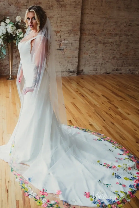 Ivory Tulle Wedding Veil with Colorful Floral Embroidered Edge, Chapel Length – VV002