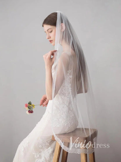 Ivory Tulle Wedding Veils One Layer Bridal Veil with Lace Hem V610-Bridal Veil 2025 -Viniodress-Ivory-