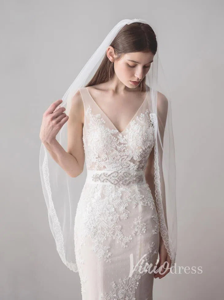 Ivory Tulle Wedding Veils One Layer Bridal Veil with Lace Hem V610-Bridal Veil 2025 -Viniodress-Ivory-
