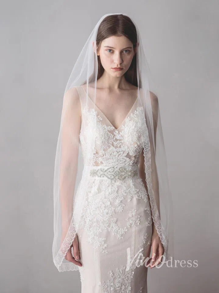 Ivory Tulle Wedding Veils One Layer Bridal Veil with Lace Hem V610-Bridal Veil 2025 -Viniodress-Ivory-