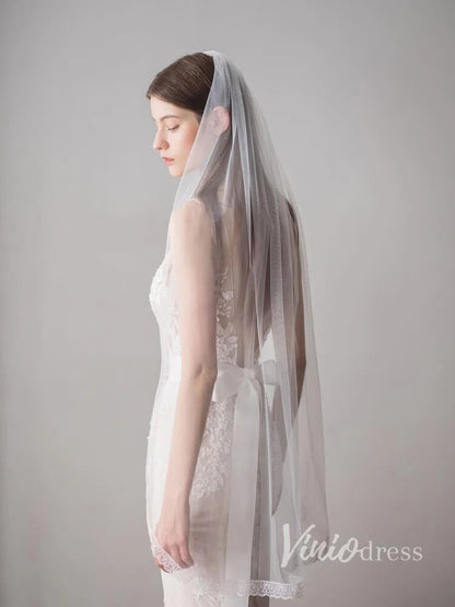 Ivory Tulle Wedding Veils One Layer Bridal Veil with Lace Hem V610-Bridal Veil 2025 -Viniodress-Ivory-